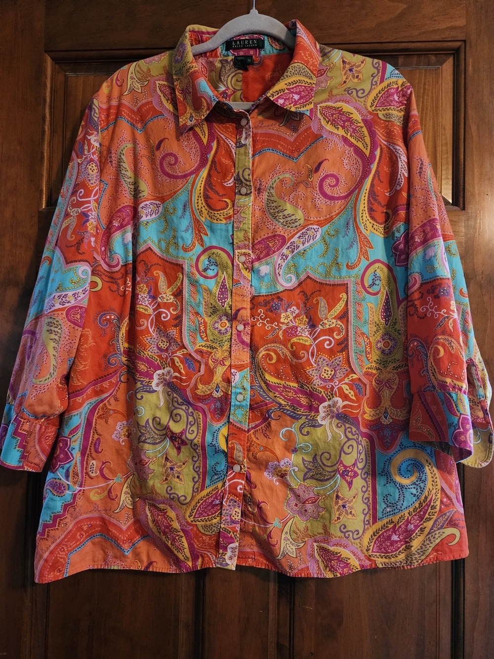 Lauren Ralph Lauren 3X Orange Turquoise Paisley Button Down Blouse Shirt